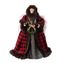 Glitzhome Black/Red Plaid Angel Tree Topper 12.2 In.