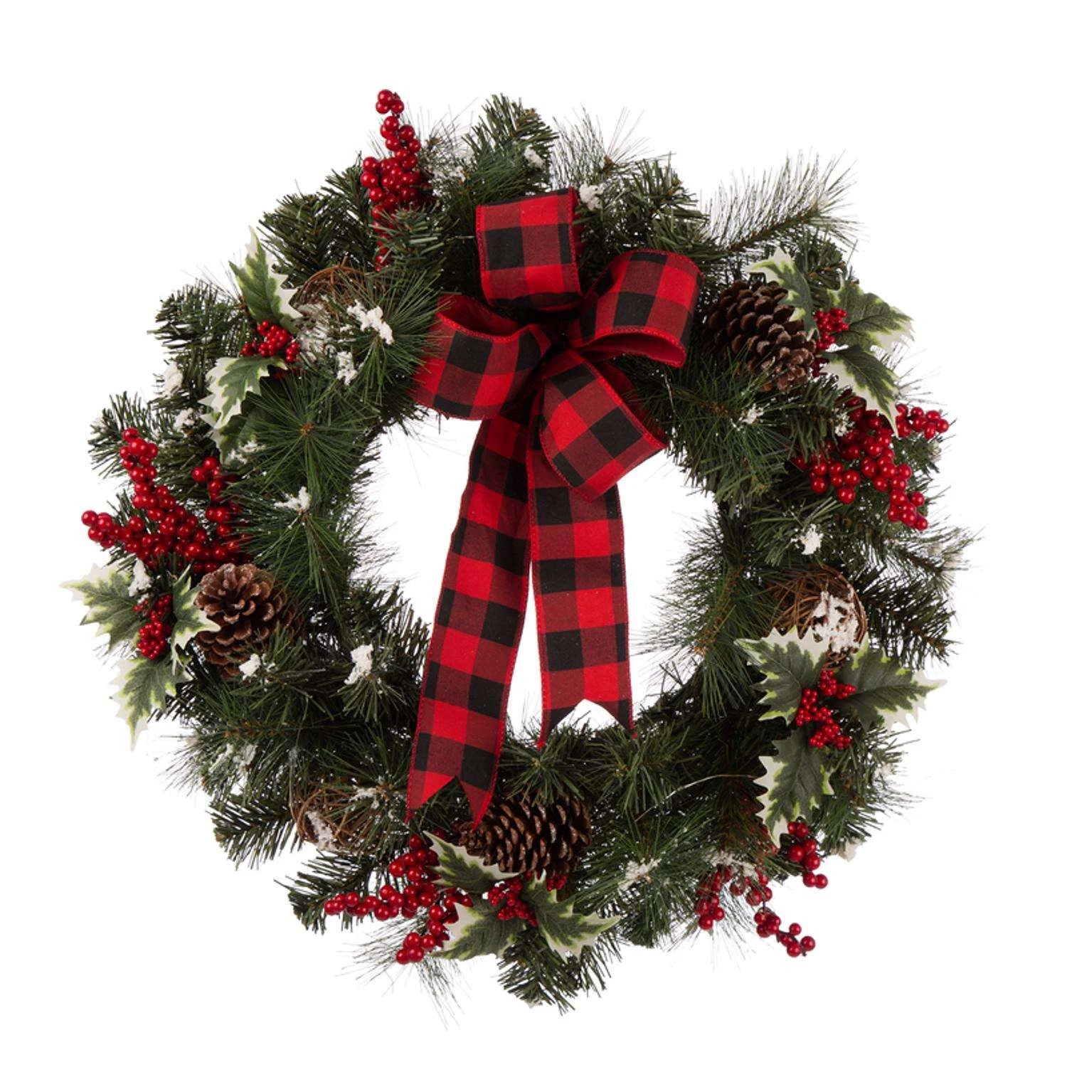 Glitzhome 24 In. D LED Prelit Warm White Buffalo Bow Berry Holly Pine Cone Rattan Wreath 1 Glitzhome 24 In. D LED Prelit Warm White Buffalo Bow Berry Holly Pine Cone Rattan Wreath