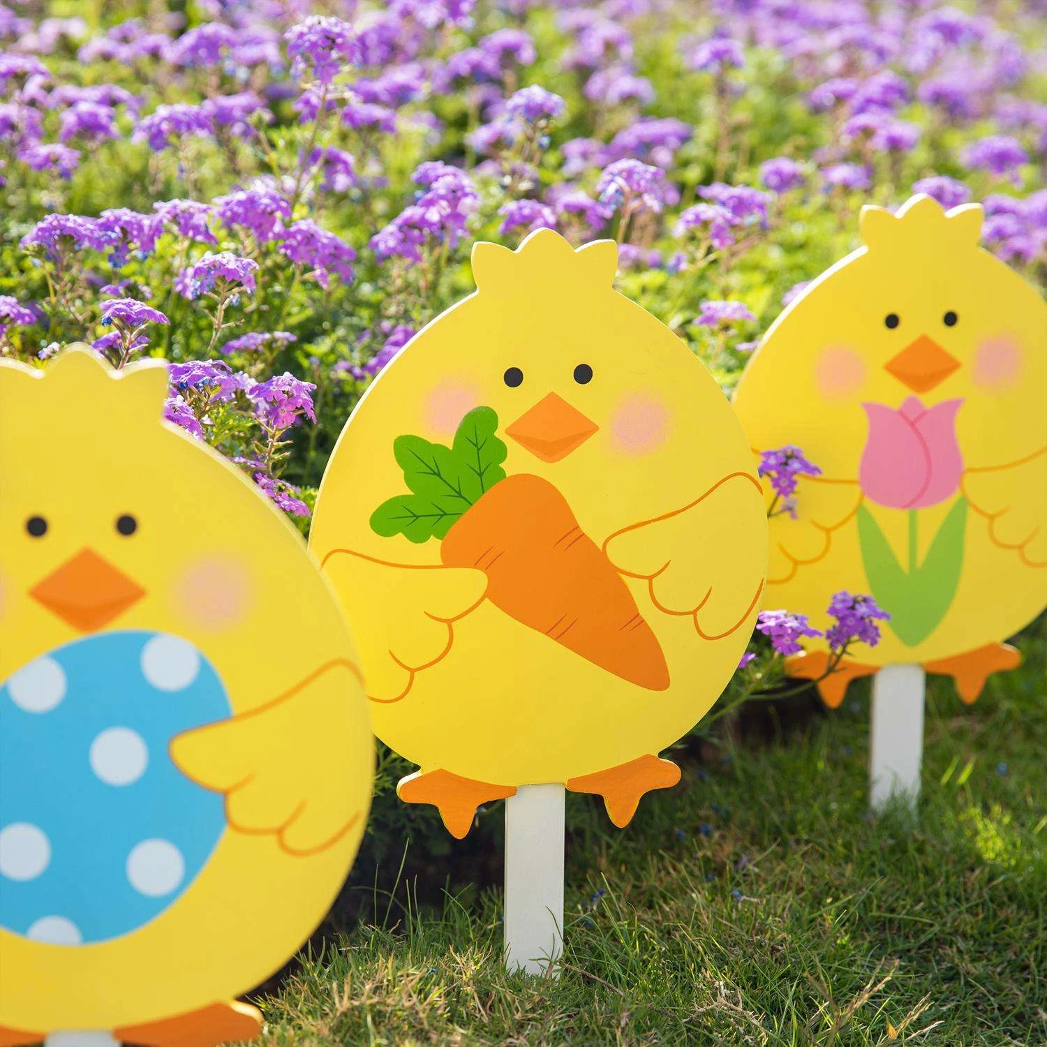 Glitzhome Easter Chick Pick Yard Stake MDF/Solid Wood 3 Pc 4 Glitzhome Easter Chick Pick Yard Stake MDF/Solid Wood 3 Pc - Image 4