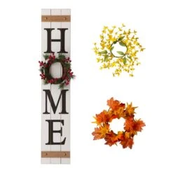 Glitzhome Multicolored Home With 3 Interchangeable Floral Wreaths Porch Sign 42 In.