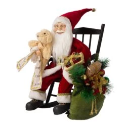 Glitzhome Multicolored Sitting Santa With Wooden Rocking Chair Figurine 11.02 In.