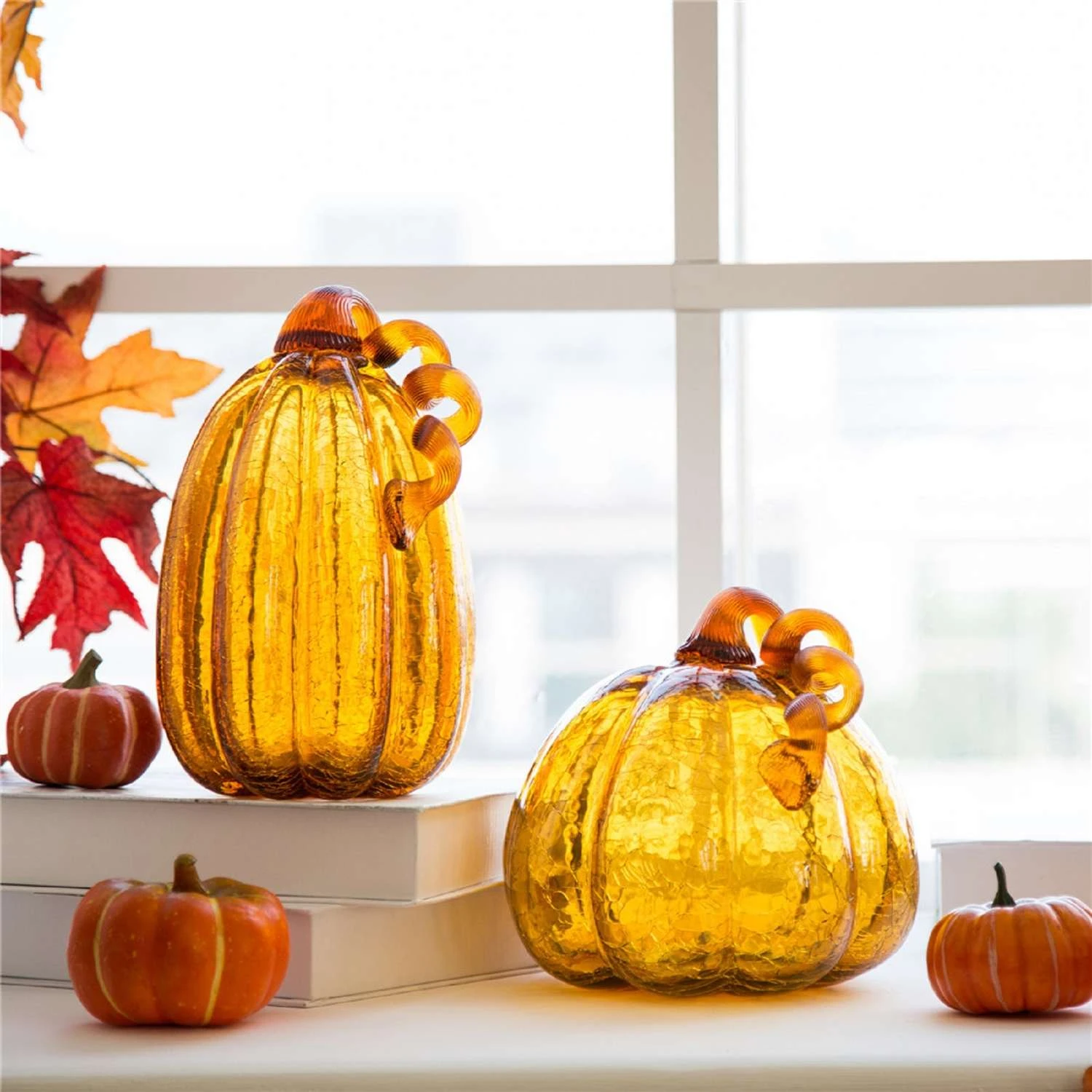 Glitzhome Crackle Glass Pumpkin Tabletop Decor 2 Glitzhome Crackle Glass Pumpkin Tabletop Decor - Image 2