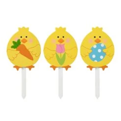 Glitzhome Easter Chick Pick Yard Stake MDF/Solid Wood 3 Pc
