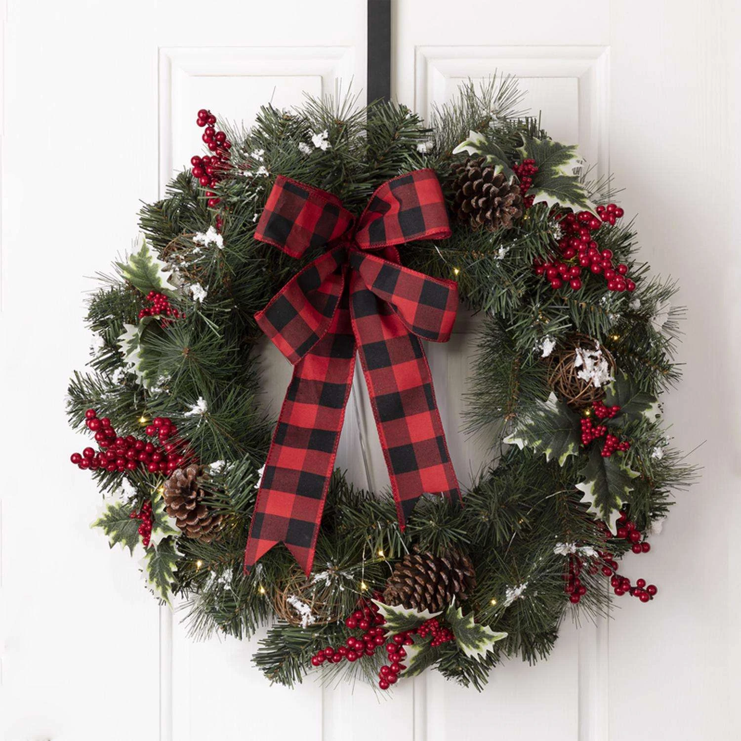 Glitzhome 24 In. D LED Prelit Warm White Buffalo Bow Berry Holly Pine Cone Rattan Wreath 5 Glitzhome 24 In. D LED Prelit Warm White Buffalo Bow Berry Holly Pine Cone Rattan Wreath - Image 5