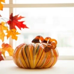 Glitzhome 6.50 In. Multi Striped Glass Large Pumpkin Tabletop Decor -Glitzhome e8f1e493 0414 49a2 bb89 11f82ea5cfe2
